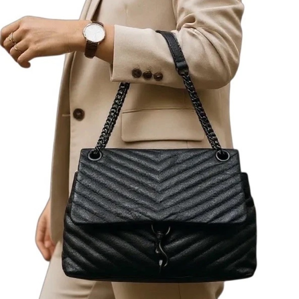 REBECCA MINKOFF Black Chains Leather Chevron Quilted Edie Bag R $298